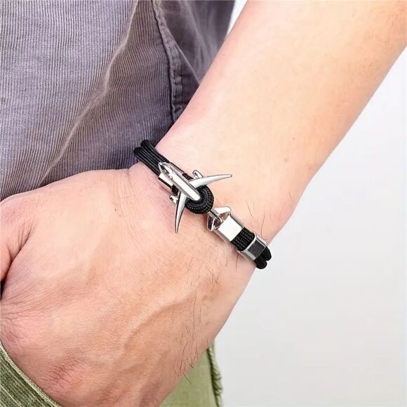 Men's Chic Stylish Jet Charm Airplane Aviation Pilot Cord Bracelet - Picture 3 of 4